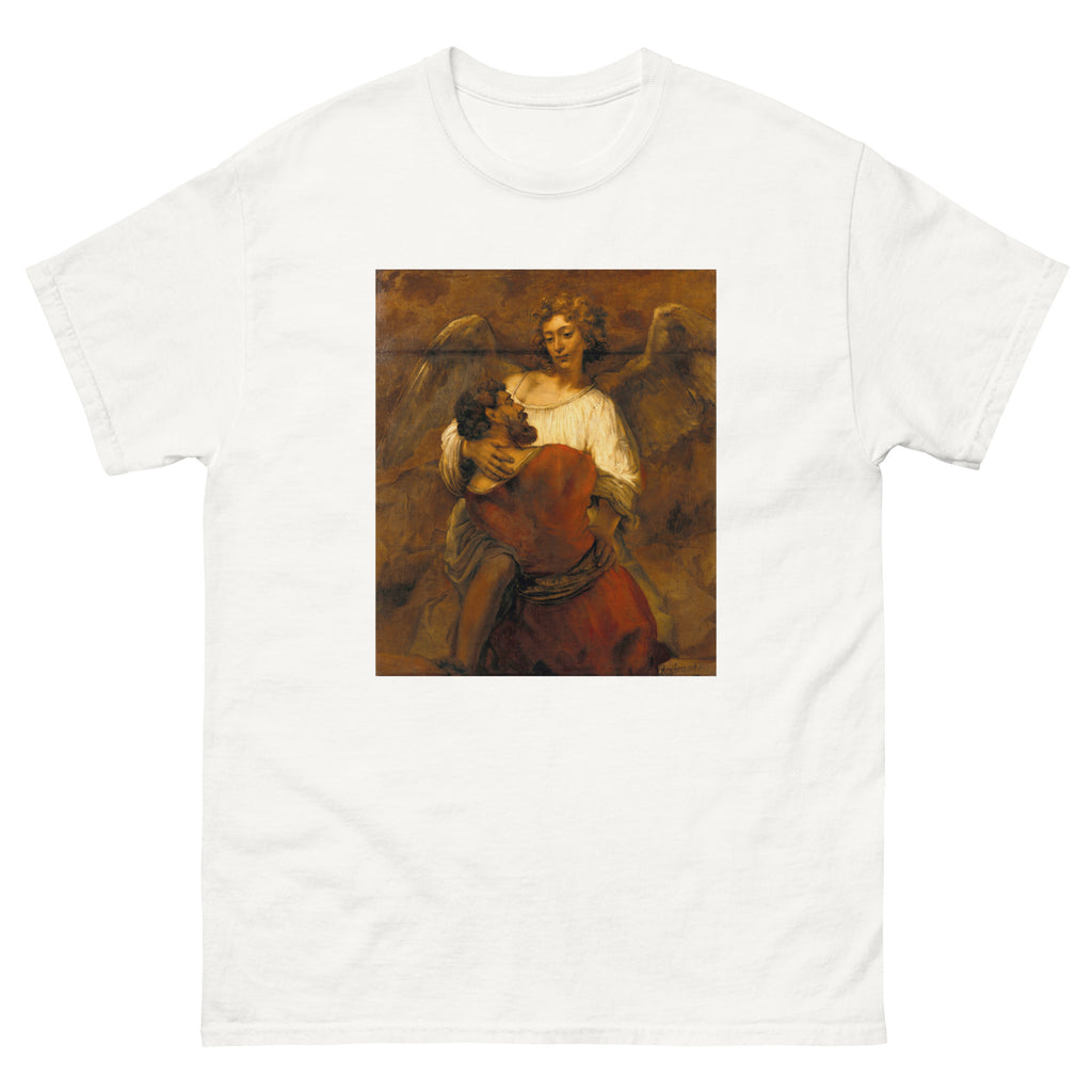 Unisex classic tee featuring Rembrandt's dramatic painting of Jacob wrestling with an angel