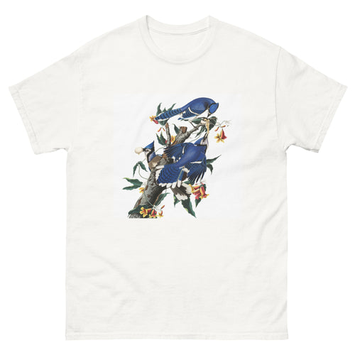 Unisex classic tee featuring Audubon's detailed naturalist illustration of a blue jay bird