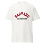 Unisex classic tee featuring Harvard University name and branding in crimson and white