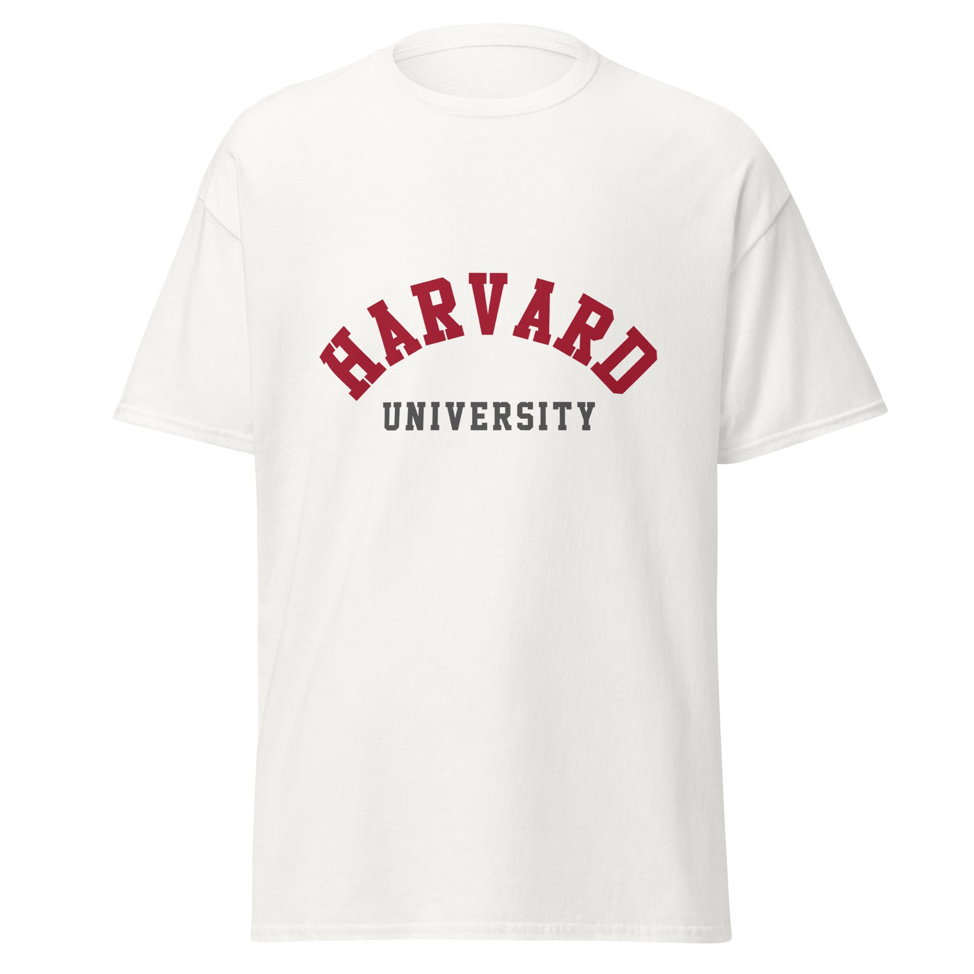 Unisex classic tee featuring Harvard University name and branding in crimson and white