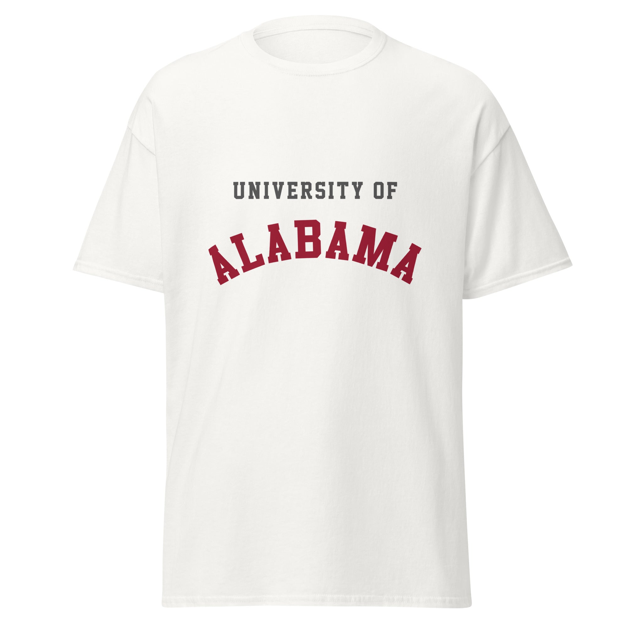 Unisex classic tee featuring University of Alabama name and branding in crimson and white