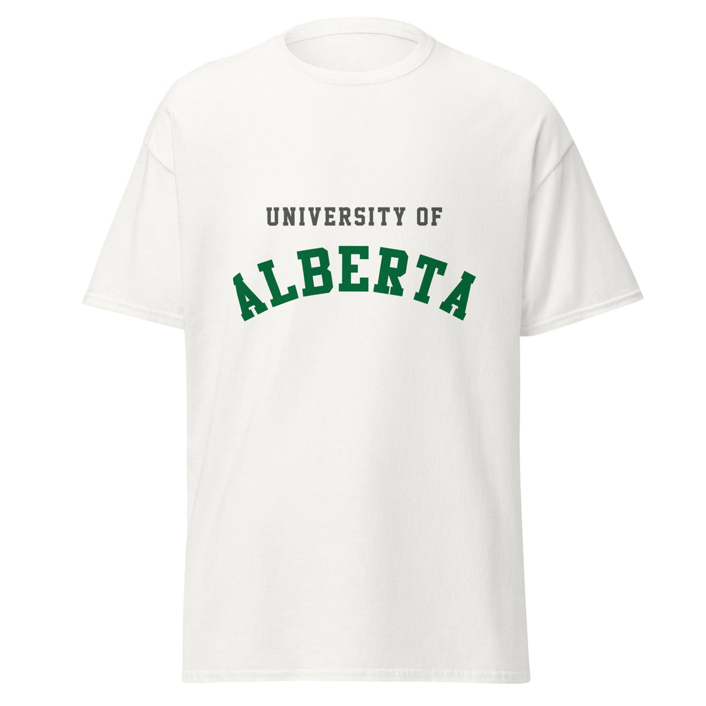 Unisex classic tee featuring University of Alberta name and branding in green and gold