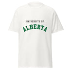 Unisex classic tee featuring University of Alberta name and branding in green and gold
