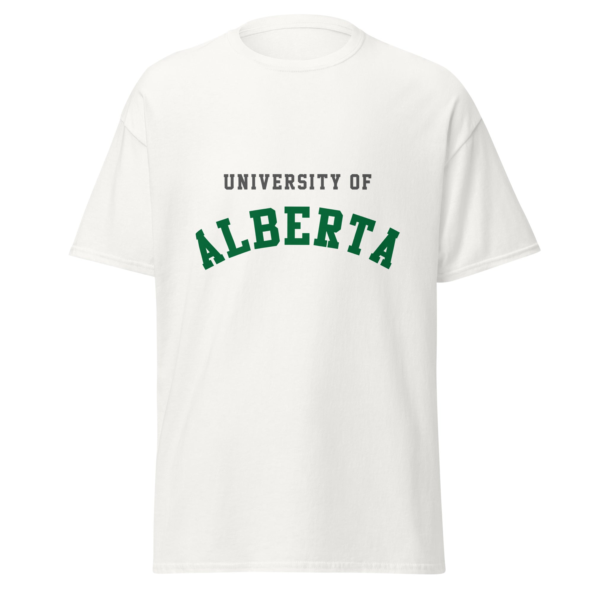 Unisex classic tee featuring University of Alberta name and branding in green and gold