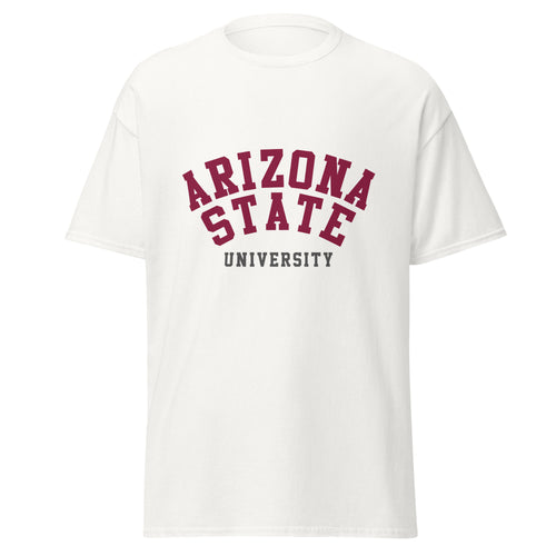 Unisex classic tee featuring Arizona State University name and branding in maroon and gold