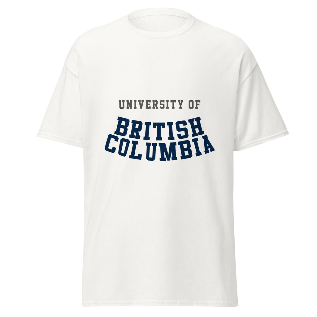 Unisex classic tee featuring University of British Columbia name and branding in blue and gold