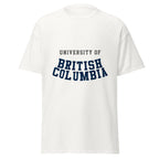 Unisex classic tee featuring University of British Columbia name and branding in blue and gold