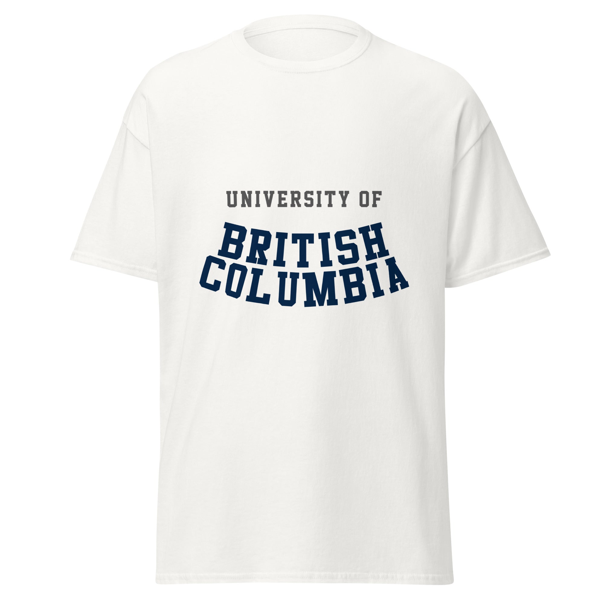 Unisex classic tee featuring University of British Columbia name and branding in blue and gold
