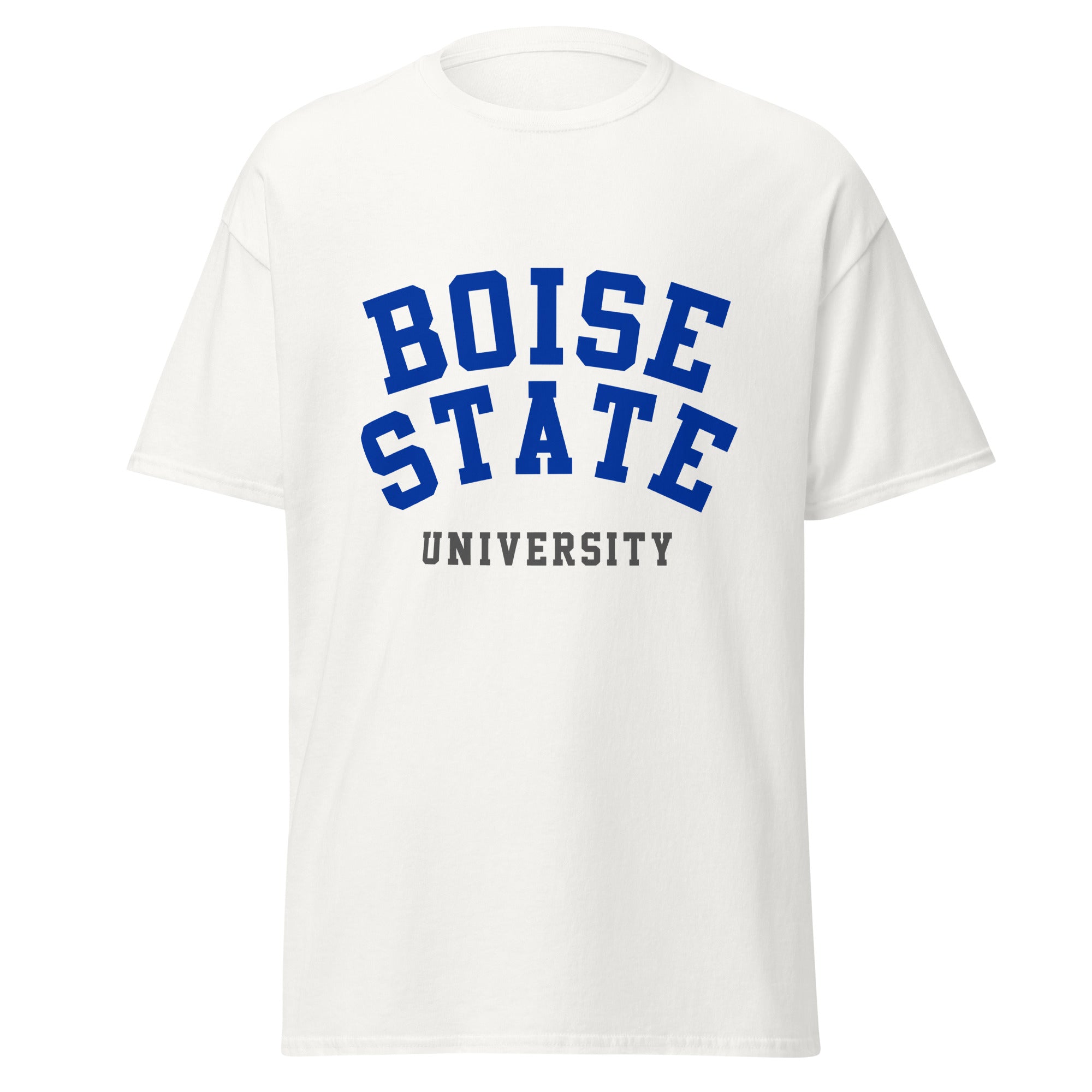Unisex classic tee featuring Boise State University name and branding in blue and orange