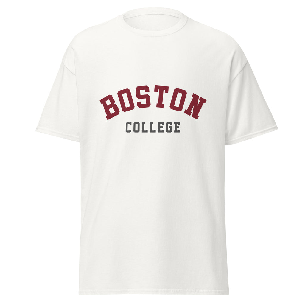 Unisex classic tee featuring Boston College name and branding in maroon and gold