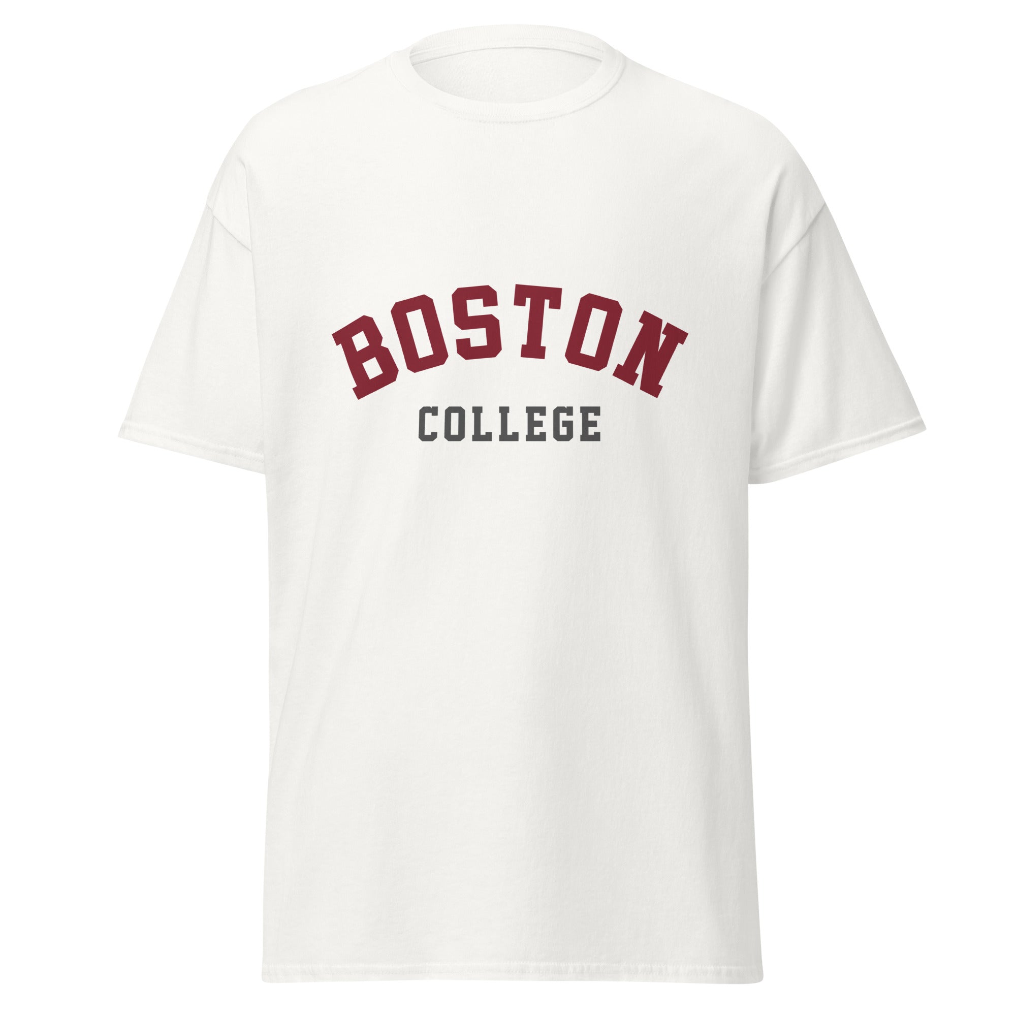 Unisex classic tee featuring Boston College name and branding in maroon and gold