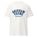 Unisex classic tee featuring Brigham Young University name and branding in navy and white