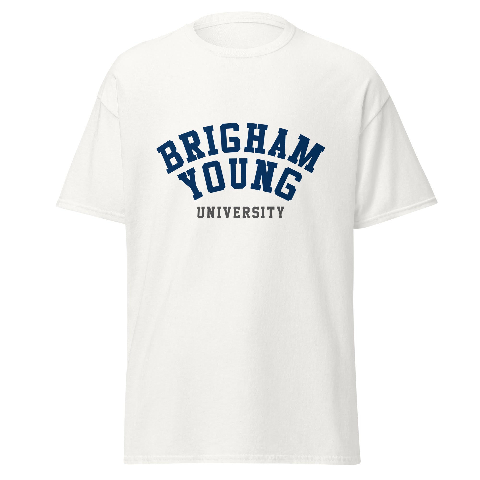 Unisex classic tee featuring Brigham Young University name and branding in navy and white