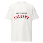 Unisex classic tee featuring University of Calgary name and branding in red and gold