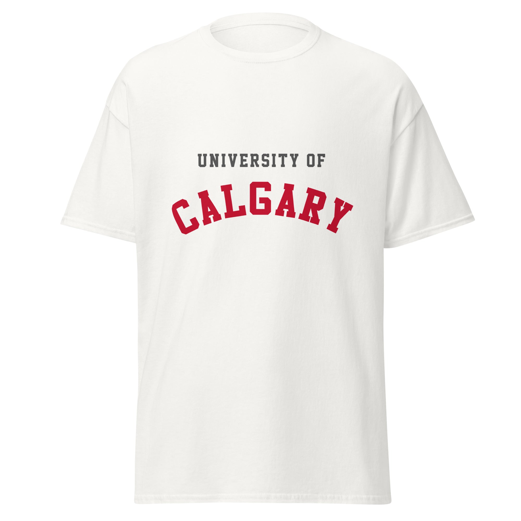 Unisex classic tee featuring University of Calgary name and branding in red and gold