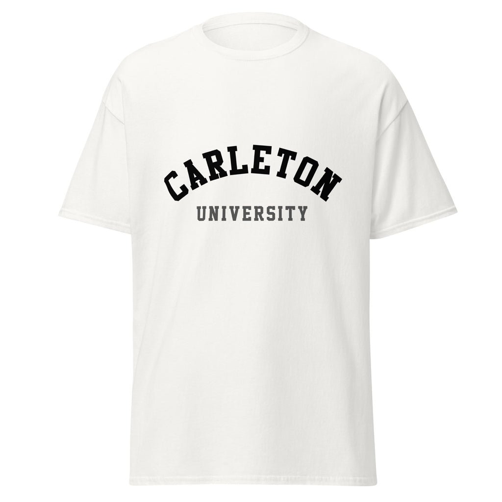 Unisex classic tee featuring Carleton University name and branding in red and gold