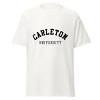 Unisex classic tee featuring Carleton University name and branding in red and gold