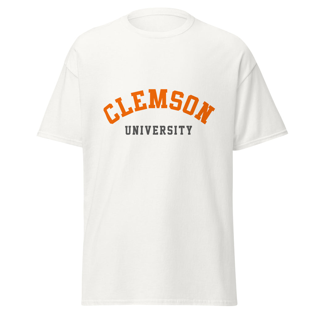 Unisex classic tee featuring Clemson University name and branding in orange and purple