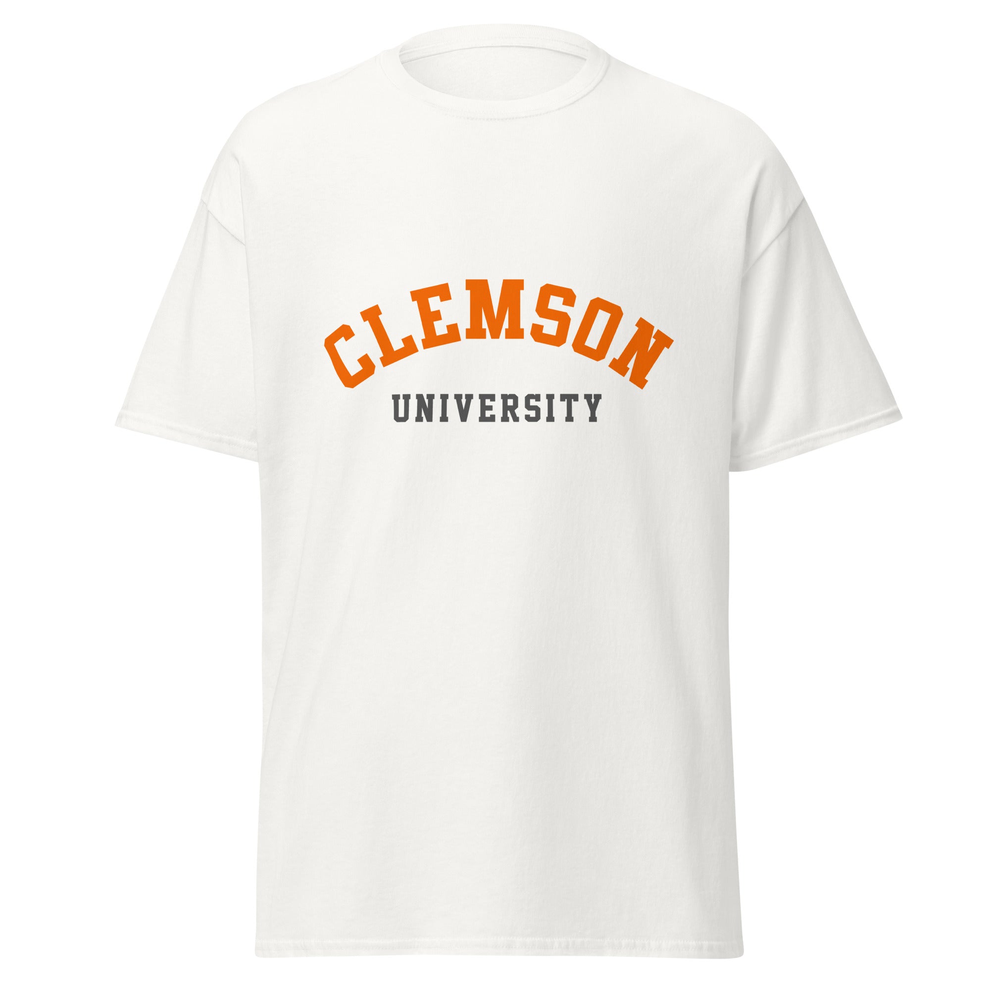 Unisex classic tee featuring Clemson University name and branding in orange and purple