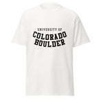 Unisex classic tee featuring University of Colorado Boulder name and branding in gold and black