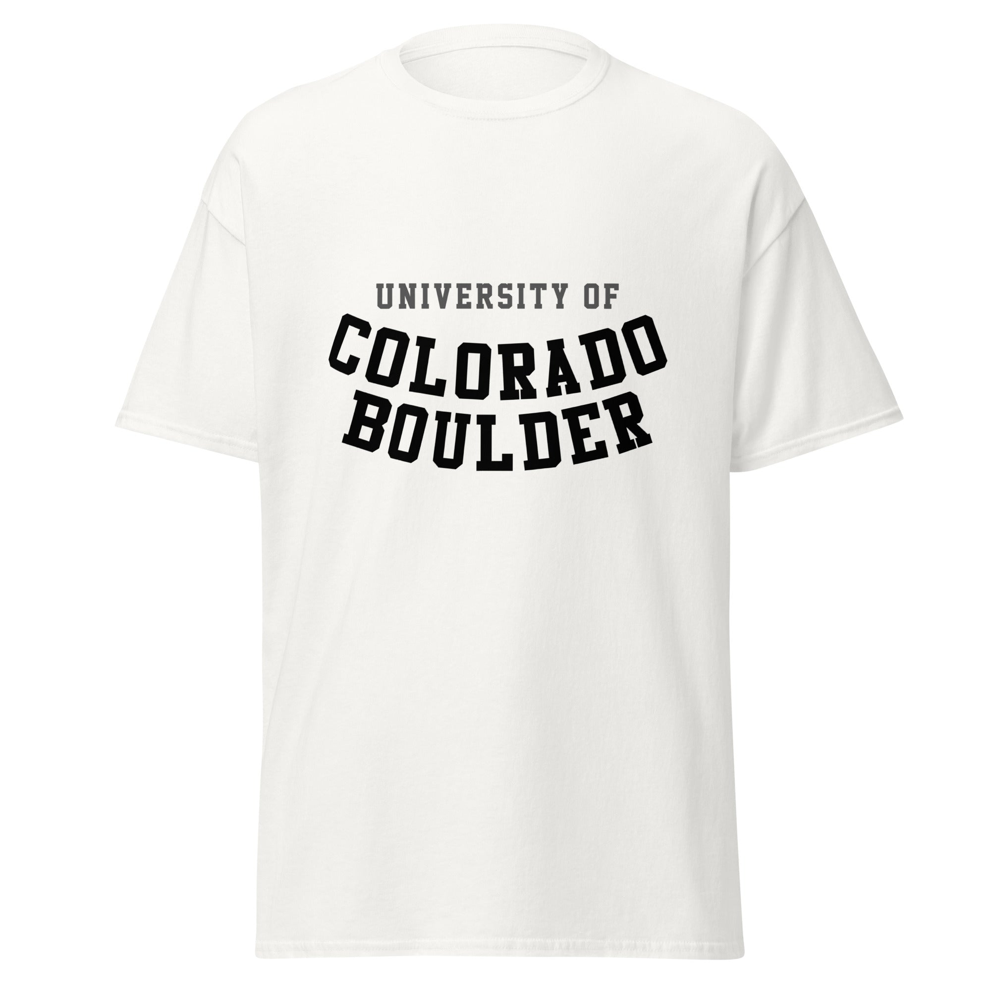 Unisex classic tee featuring University of Colorado Boulder name and branding in gold and black
