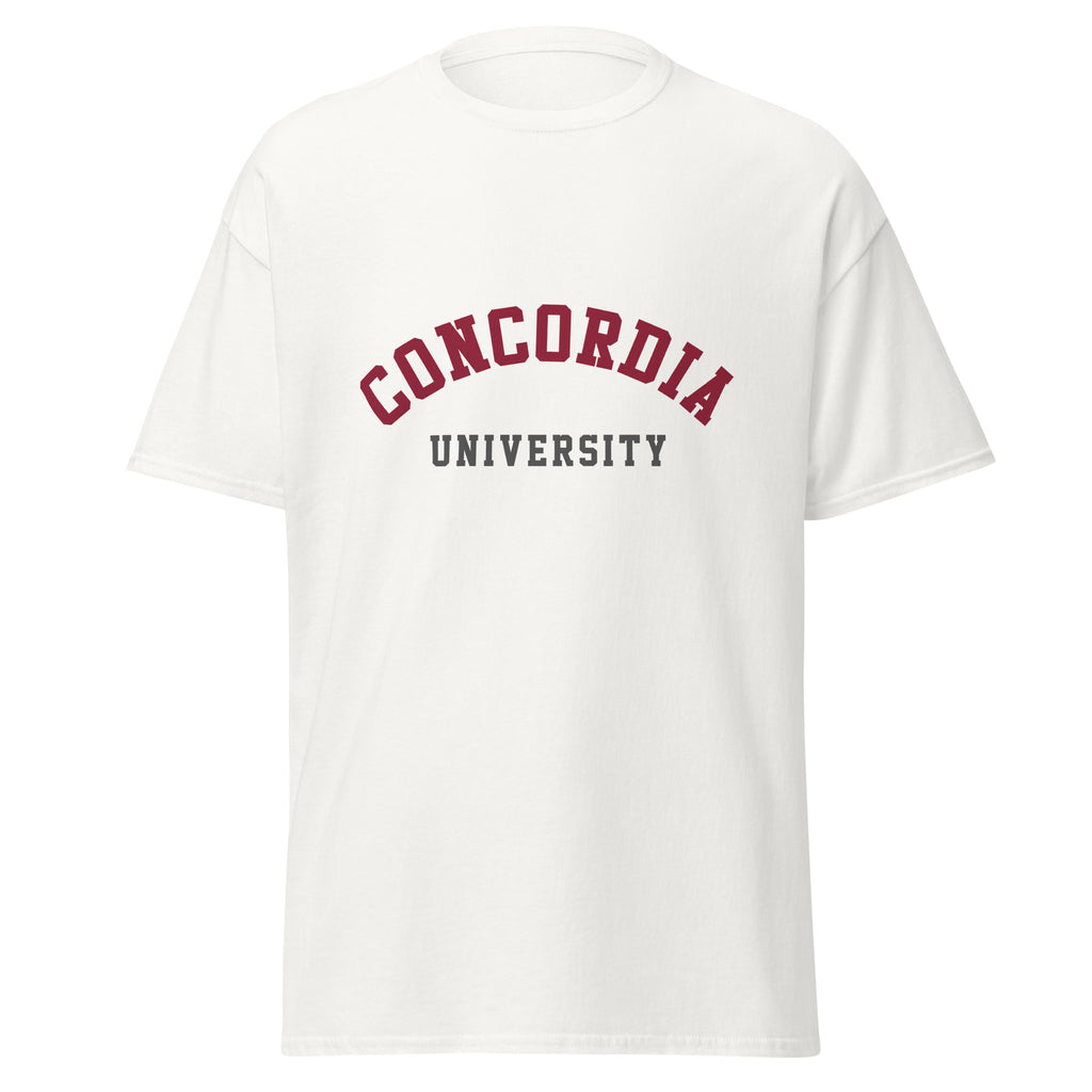 Unisex classic tee featuring Concordia University name and branding in burgundy and gold