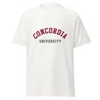 Unisex classic tee featuring Concordia University name and branding in burgundy and gold