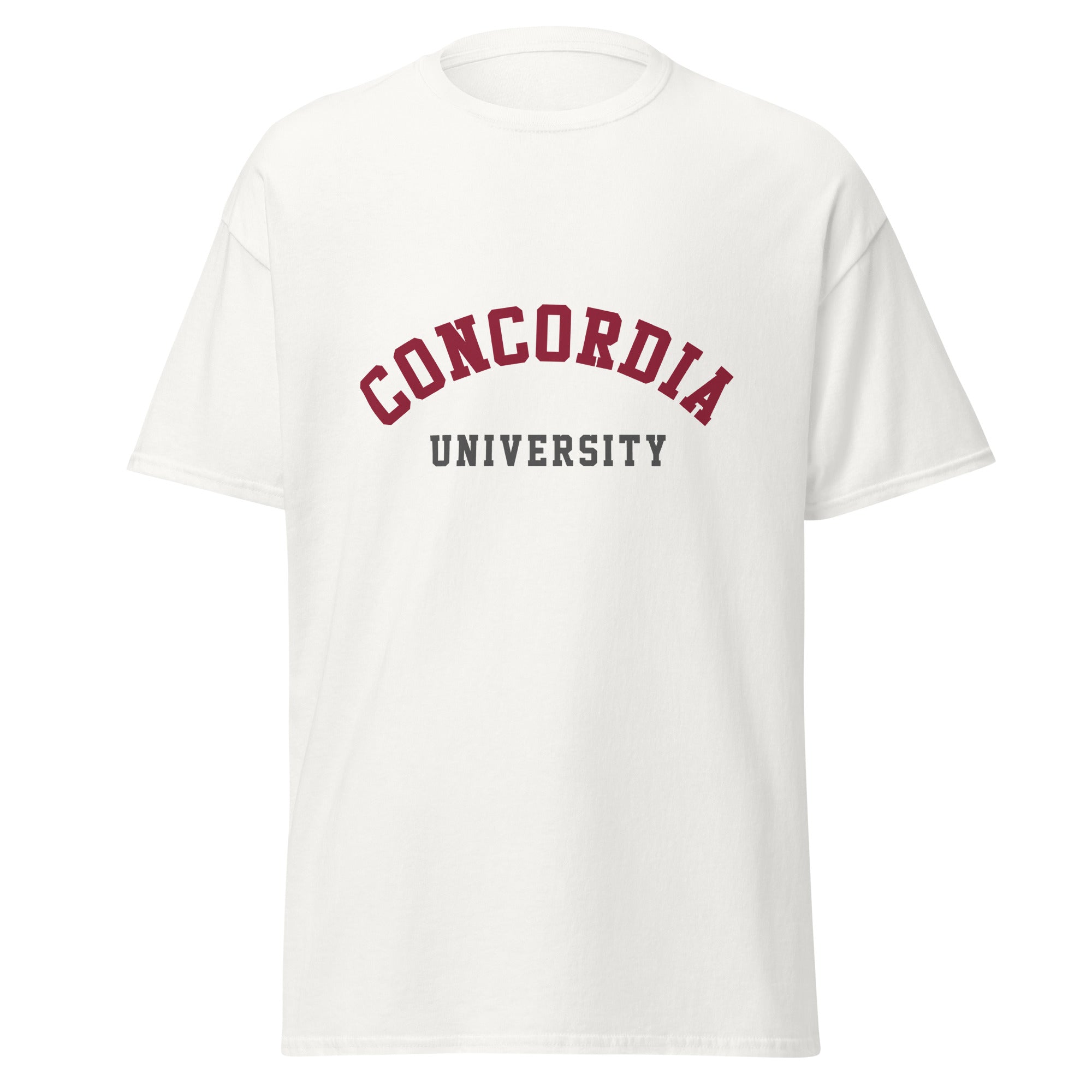 Unisex classic tee featuring Concordia University name and branding in burgundy and gold