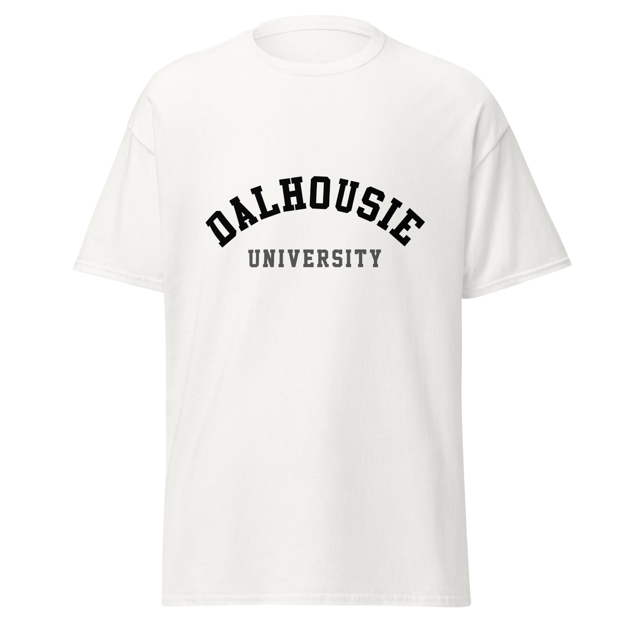 Unisex classic tee featuring Dalhousie University name and branding in black and gold