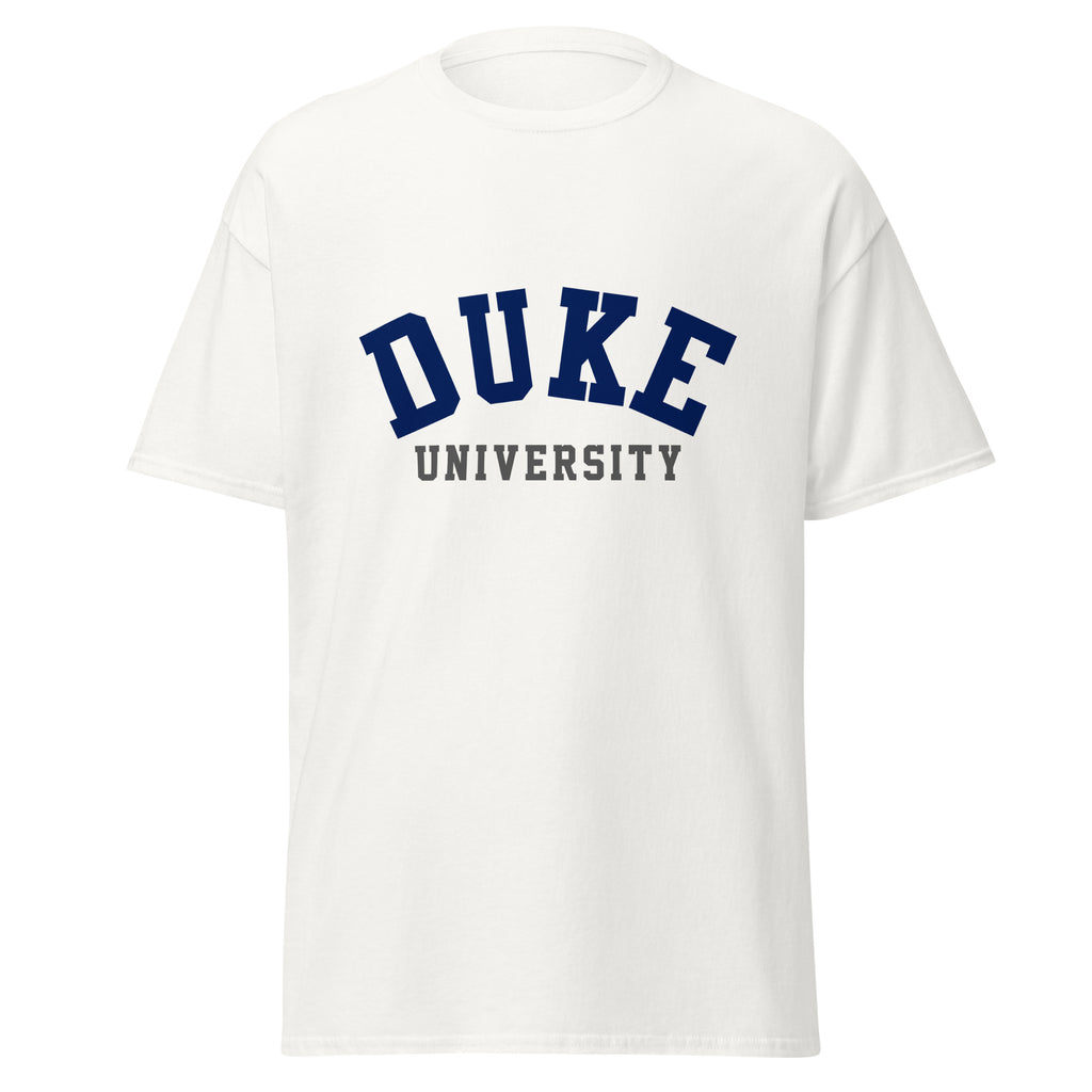 Unisex classic tee featuring Duke University name and branding in royal blue and white