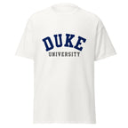 Unisex classic tee featuring Duke University name and branding in royal blue and white
