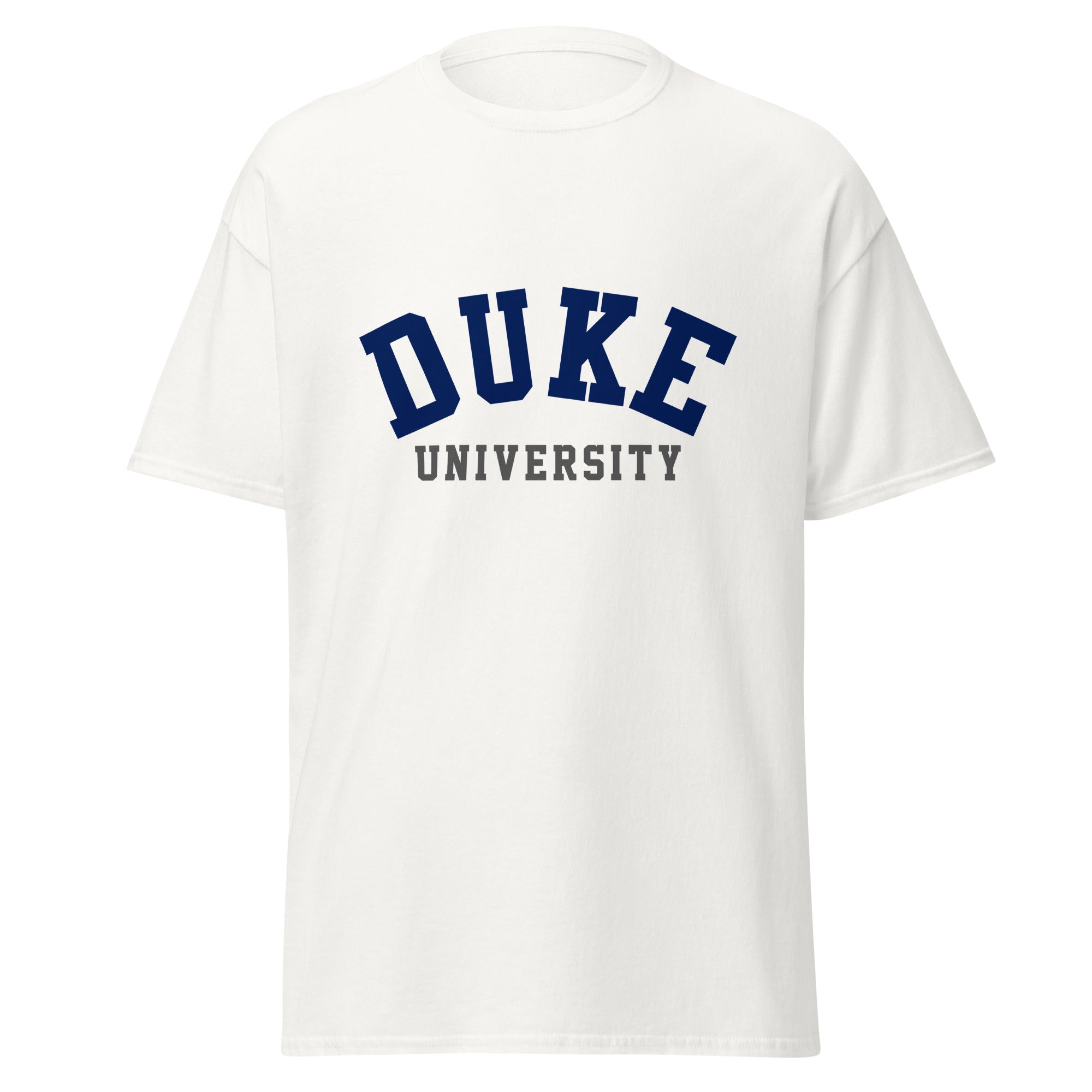 Unisex classic tee featuring Duke University name and branding in royal blue and white