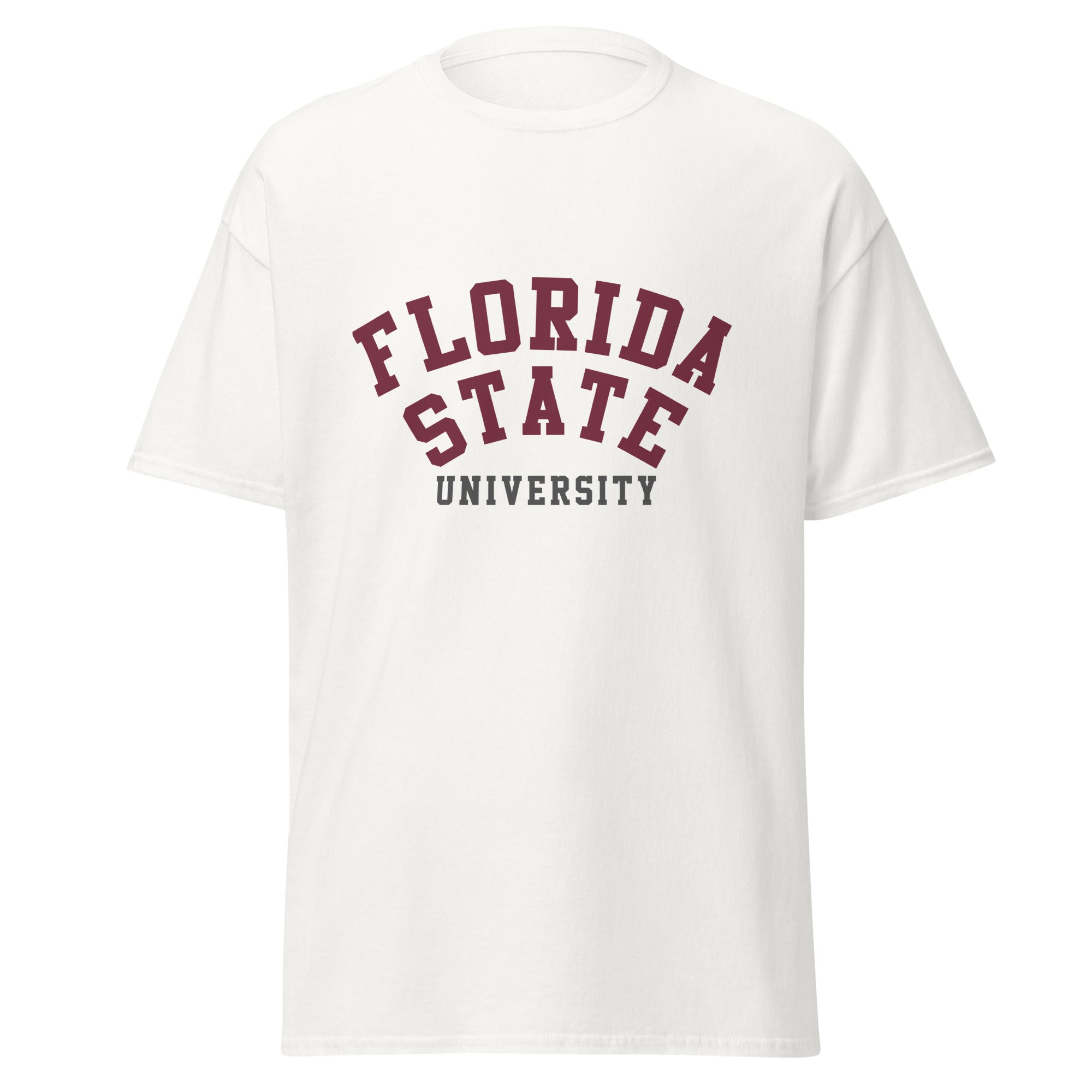 Unisex classic tee featuring Florida State University name and branding in garnet and gold