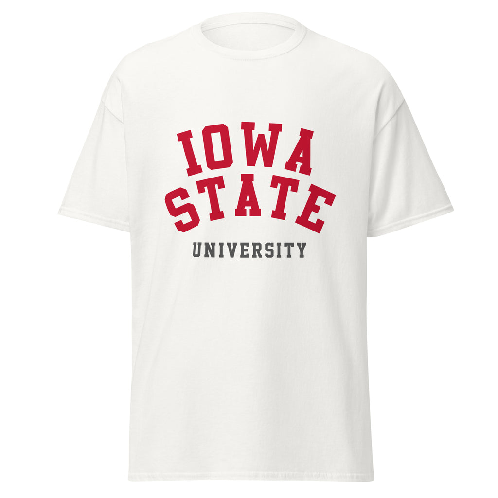 Unisex classic tee featuring Iowa State University name and branding in cardinal and gold