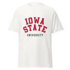 Unisex classic tee featuring Iowa State University name and branding in cardinal and gold