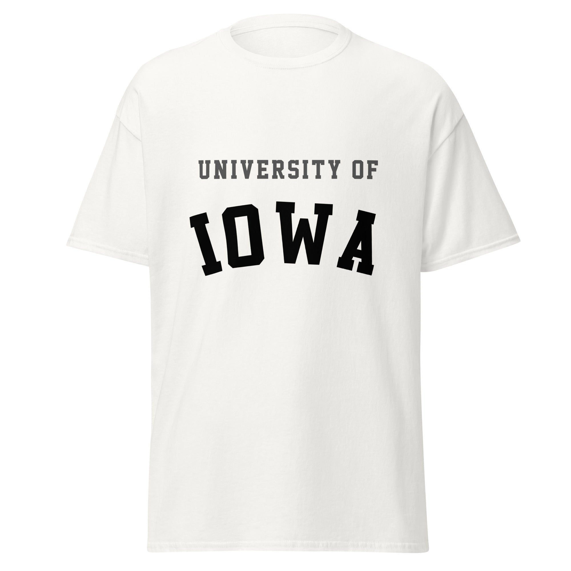 Unisex classic tee featuring University of Iowa name and branding in black and gold