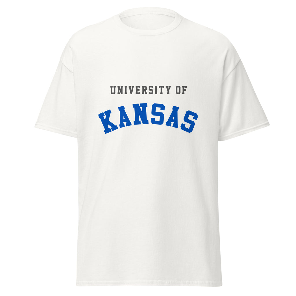 Unisex classic tee featuring University of Kansas name and branding in crimson and blue