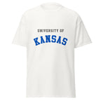 Unisex classic tee featuring University of Kansas name and branding in crimson and blue