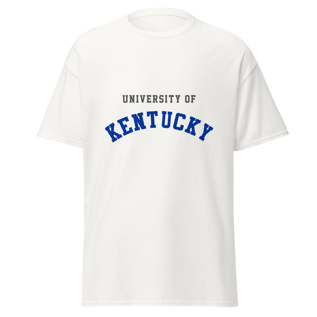 Unisex classic tee featuring University of Kentucky name and branding in blue and white