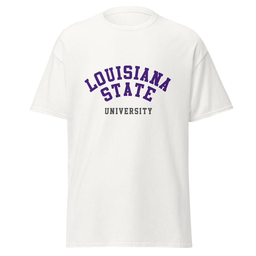 Unisex classic tee featuring Louisiana State University name and branding in purple and gold