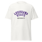 Unisex classic tee featuring Louisiana State University name and branding in purple and gold