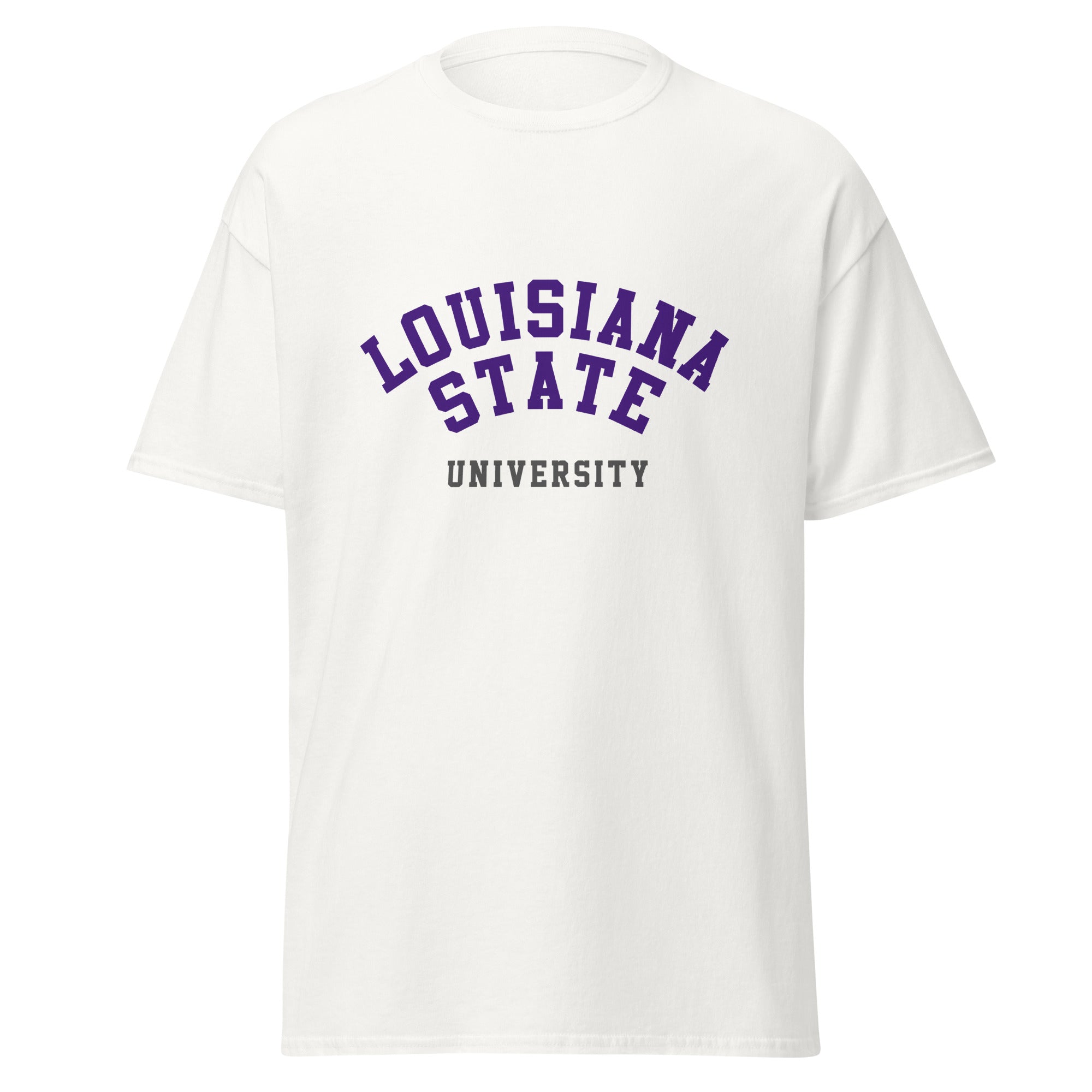 Unisex classic tee featuring Louisiana State University name and branding in purple and gold