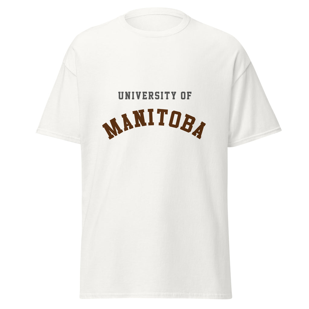 Unisex classic tee featuring University of Manitoba name and branding in bison brown and gold