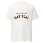 Unisex classic tee featuring University of Manitoba name and branding in bison brown and gold