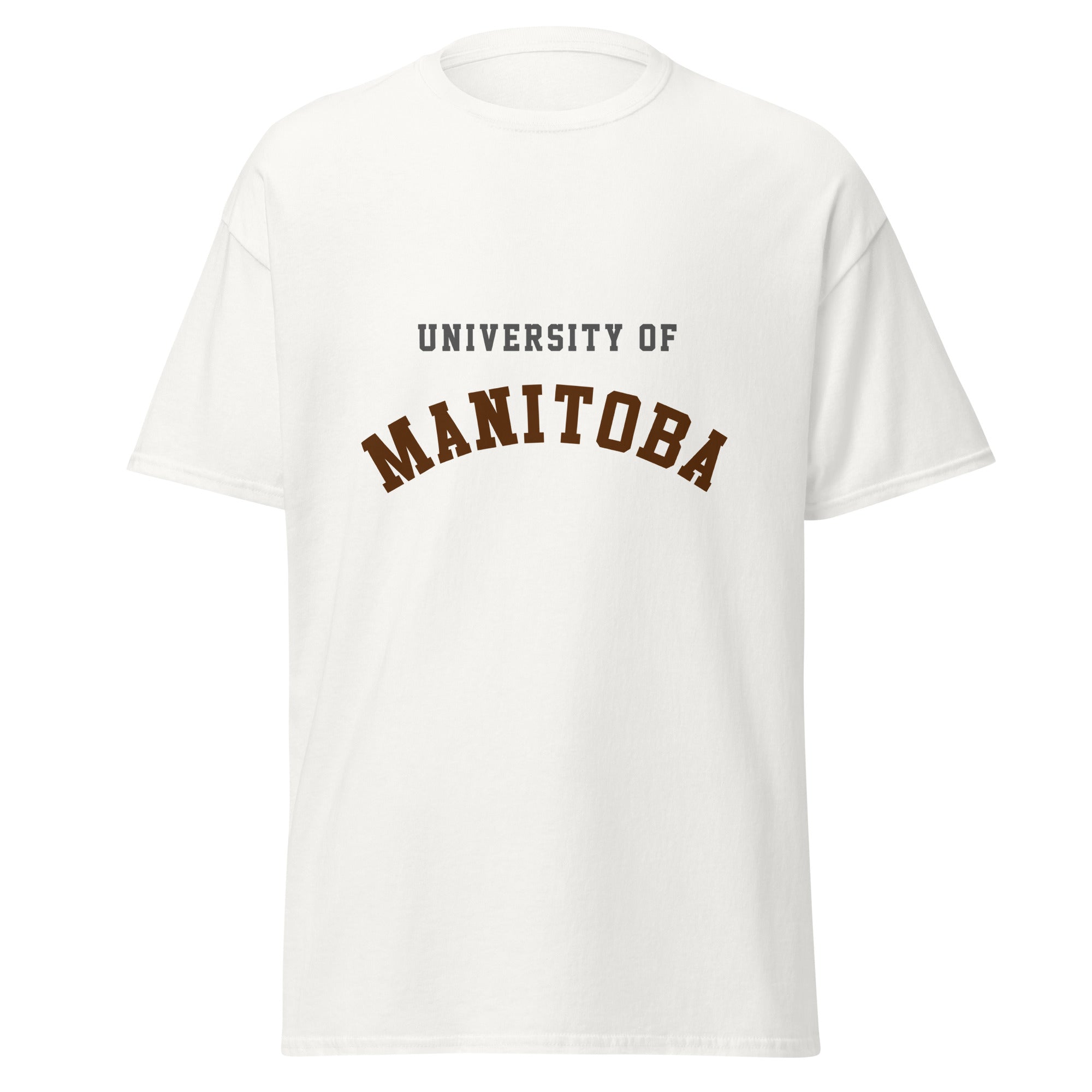 Unisex classic tee featuring University of Manitoba name and branding in bison brown and gold