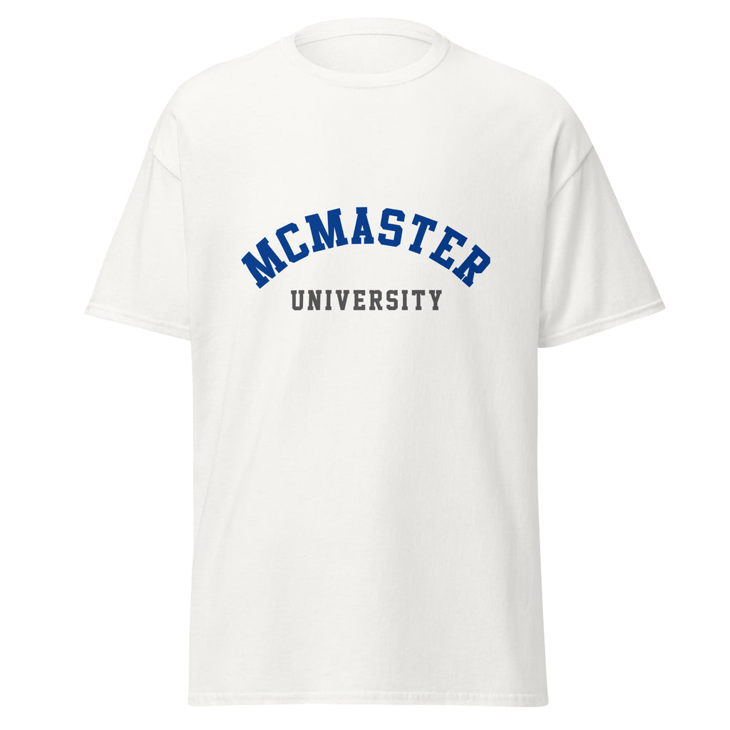Unisex classic tee featuring McMaster University name and branding in maroon and gold
