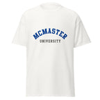 Unisex classic tee featuring McMaster University name and branding in maroon and gold