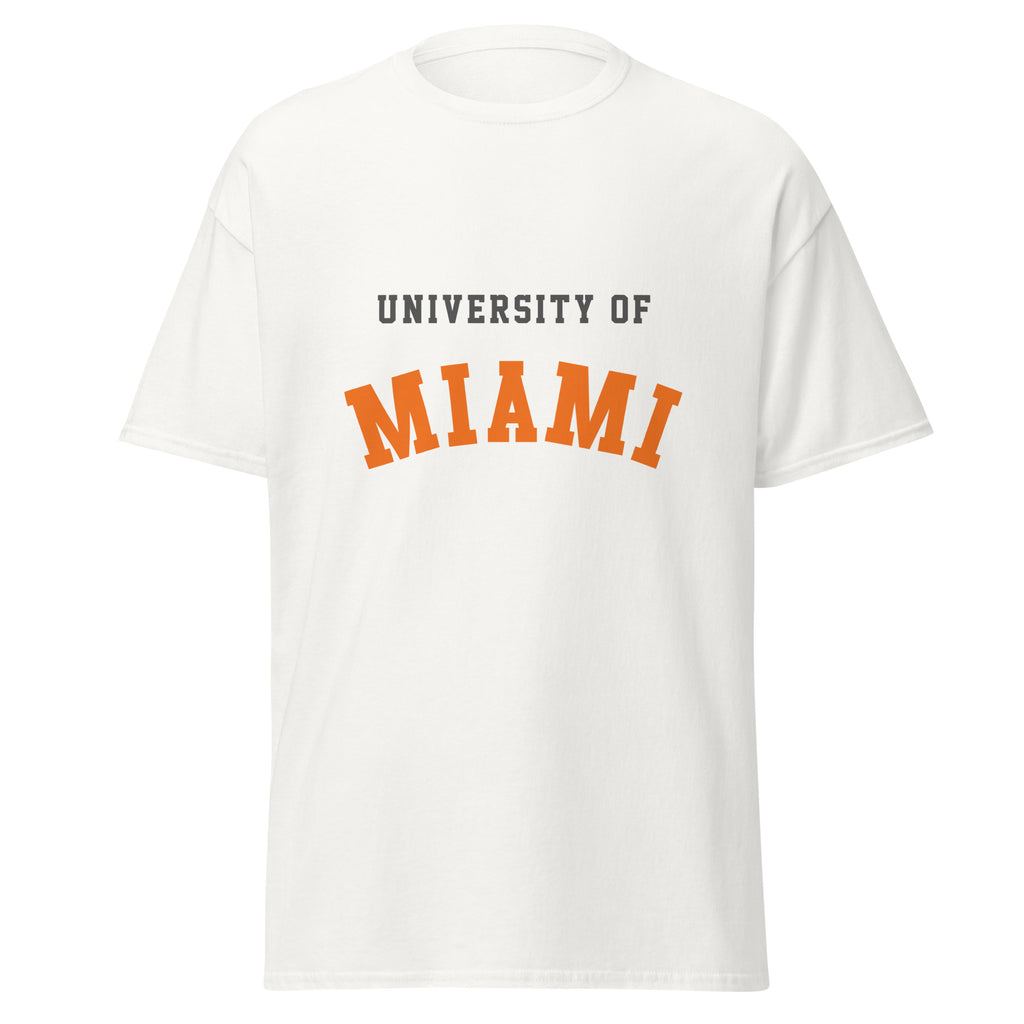 Unisex classic tee featuring University of Miami name and branding in orange, green, and white
