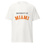 Unisex classic tee featuring University of Miami name and branding in orange, green, and white