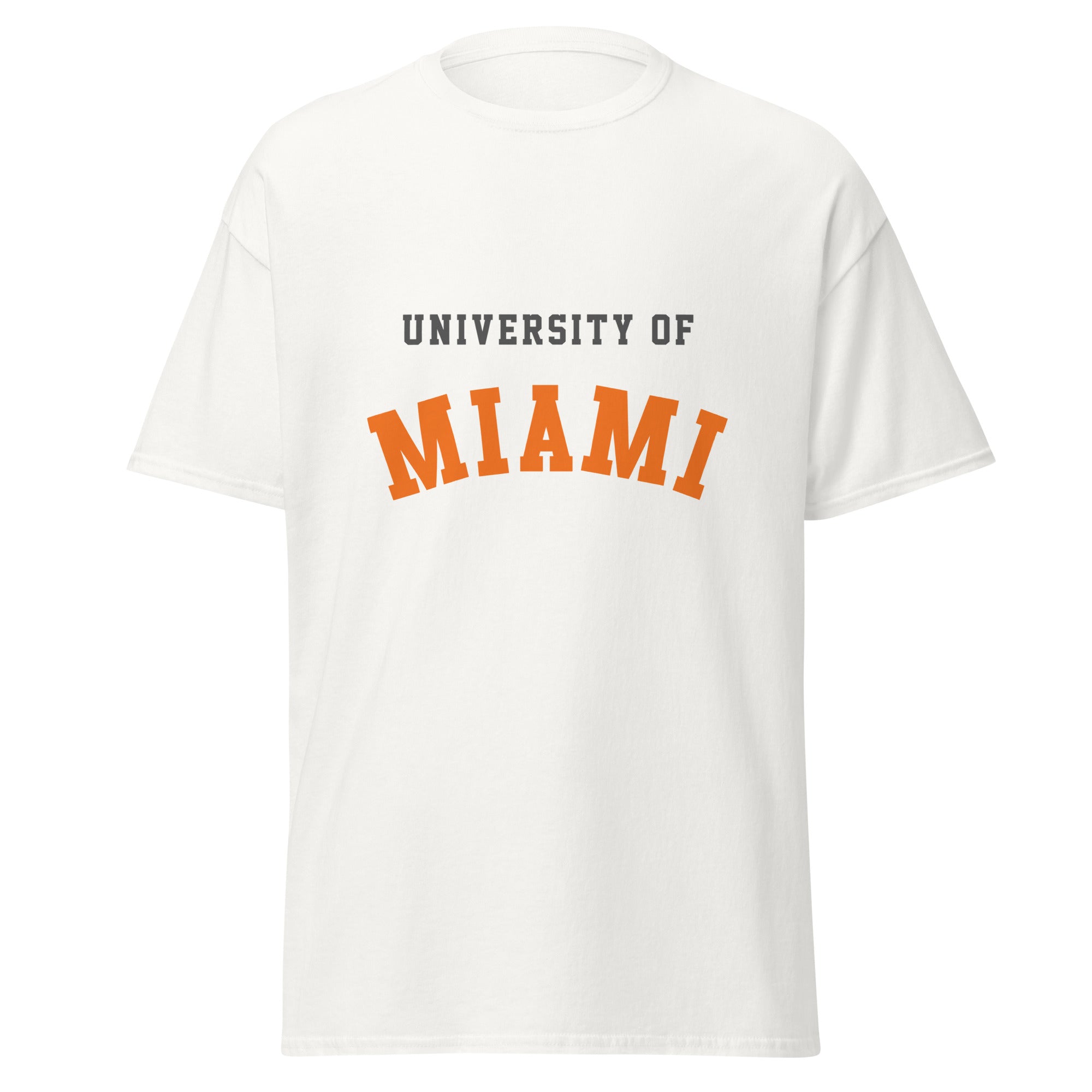 Unisex classic tee featuring University of Miami name and branding in orange, green, and white